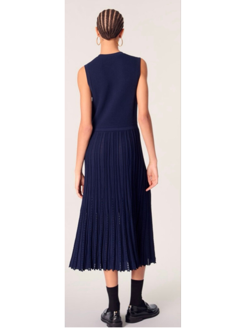 NWOT Maje Navy Pleated Knit Maxi Dress with Gold Buttons, Size 40/L 8-10 - Picture 4 of 5